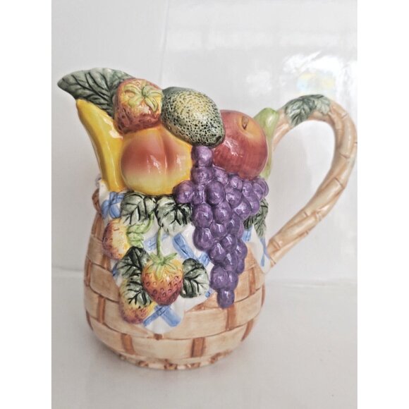 Majolica Ceramic Raised Harvest Fruits JUG Wicker Basket Design 7 1/2" Tall - Picture 10 of 11